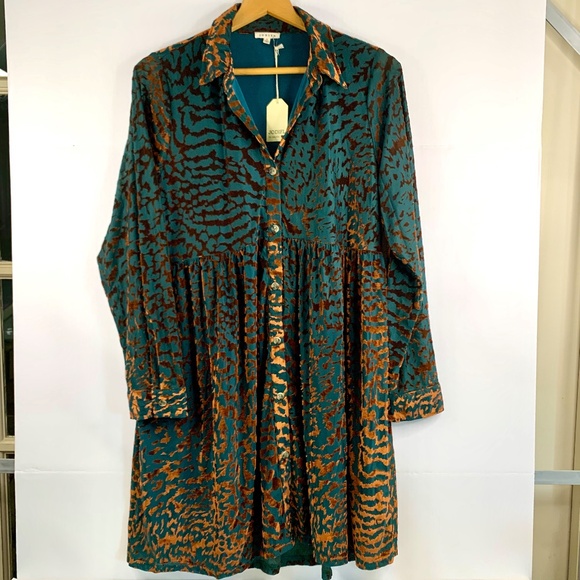 Baby Doll velvet shirt dress in teal bronze brown boho/western animal print - Picture 1 of 12